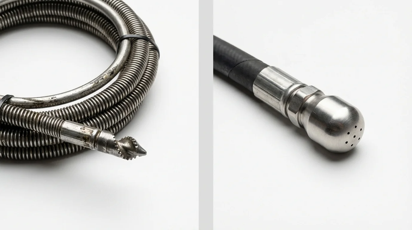 Drain snake cable and hydro jetting nozzle used for drain cleaning in East Kingston, NH