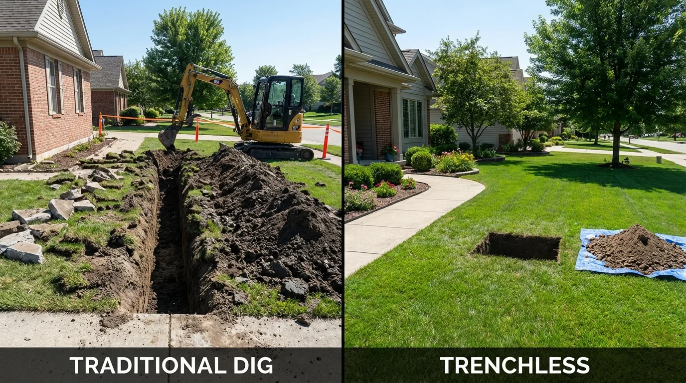 Trenchless sewer repair with minimal yard damage versus traditional excavation in East Kingston, NH