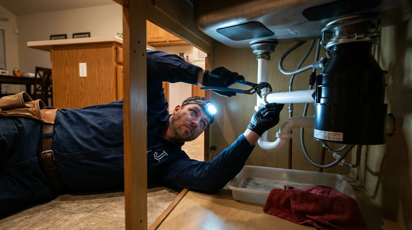 P-trap and supply line connections under a kitchen sink showing a common leak point in East Kingston, NH